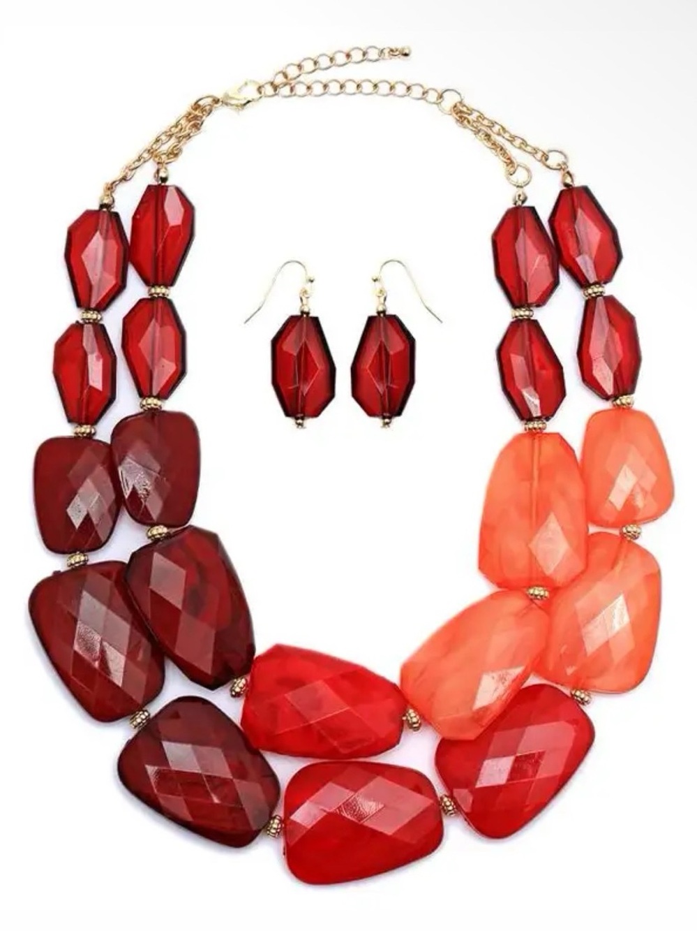 Faceted Beaded Necklace & Earrings in Red & Orange